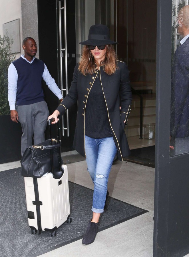 Jessica Alba in Saint Laurent Metallic Trimmed Wool Coat-1